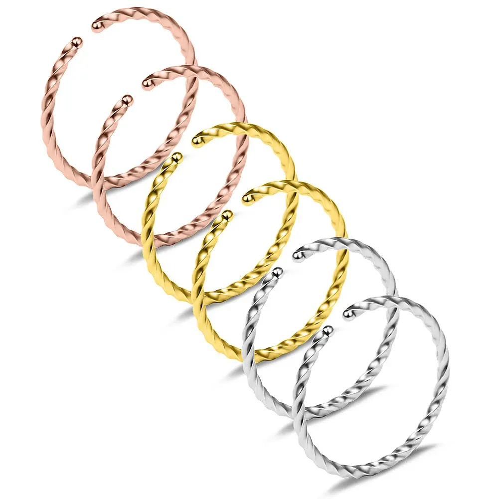 

6PCS Non Pierced Braided Stainless Steel Clip on Closure Round Ring Fake Nose Lip Helix Cartilage Tragus Ear Hoop 18G 8mm 10mm