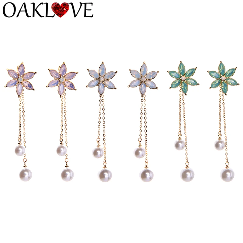 

Long Flower Shiny Crystal Simulated Pearl Pendant Drop Earrings Trendy Women's Earring Feminino Dangle Earring Brinco Bijoux