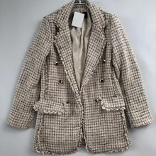 Осень/Зима Новая женская/женская бежевая клетчатая камвольная твидовая длинная куртка с бахромой потертая окантовка& Золотая пуговица