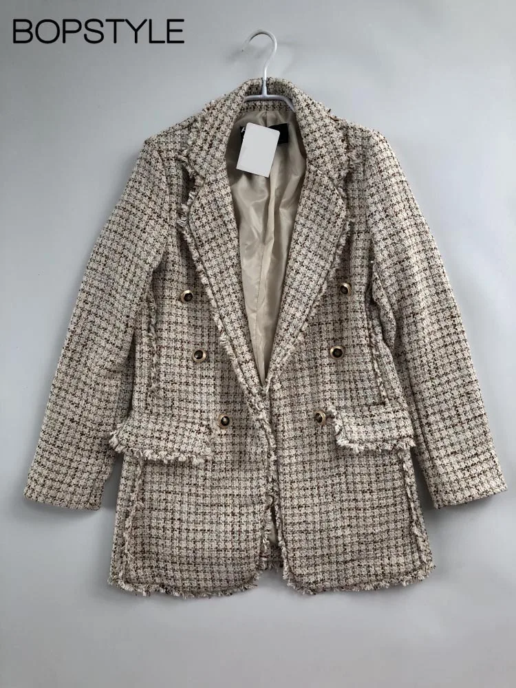 

Autumn/Winter 2018 New Women/Female Notched Beige Check Worsted Tweed Long Jacket With Tassel Frayed Piping & Golden Buttoned