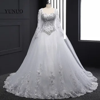 White Lace Bridal Gowns 2016 Lace Up Back ChapelTrain Long Sleeves Weddding Dresses Crystal Vestidos de novia Custom Real x12151