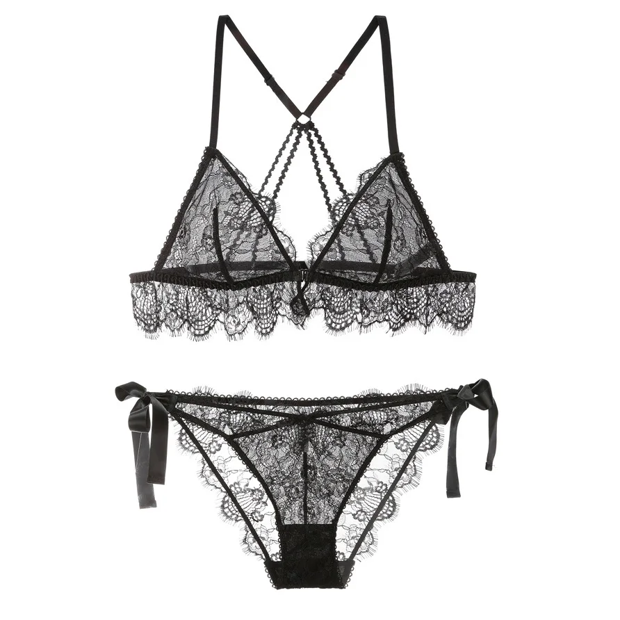 

Full transparent lace bra set sexy underwear set front button ultrathin sleepwear women wireless lingerie ladies bralette panty