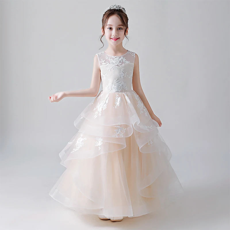 

Luxury Holy Communion Dress Layered Embroidery Flower Girl Dresses for Wedding Backless Lace Up Kids Pageant Dress for Birthday