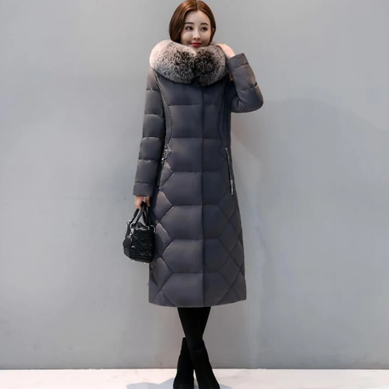 90% White Duck Down Coat Women Winter Down Jacke 2018 Hooded Long Thicken Outerwear Slim Big Fox Fur Collar Warm Down Coat