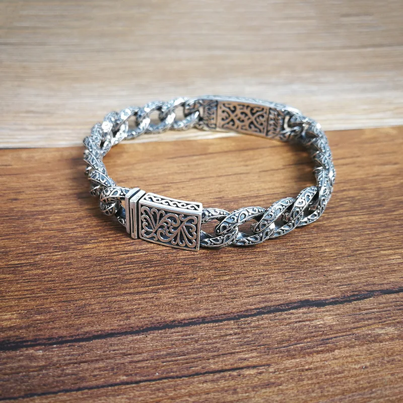 Мужской браслет из стерлингового серебра 925 пробы тайский серебряный Ретро-фантазийное, панк-браслет с модным узором цепь для камеи подарки