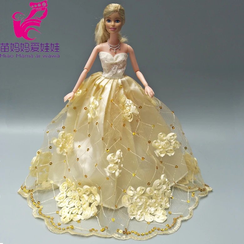 

Golden color bride dress for barbie doll flower wedding dress with veil doll accessory