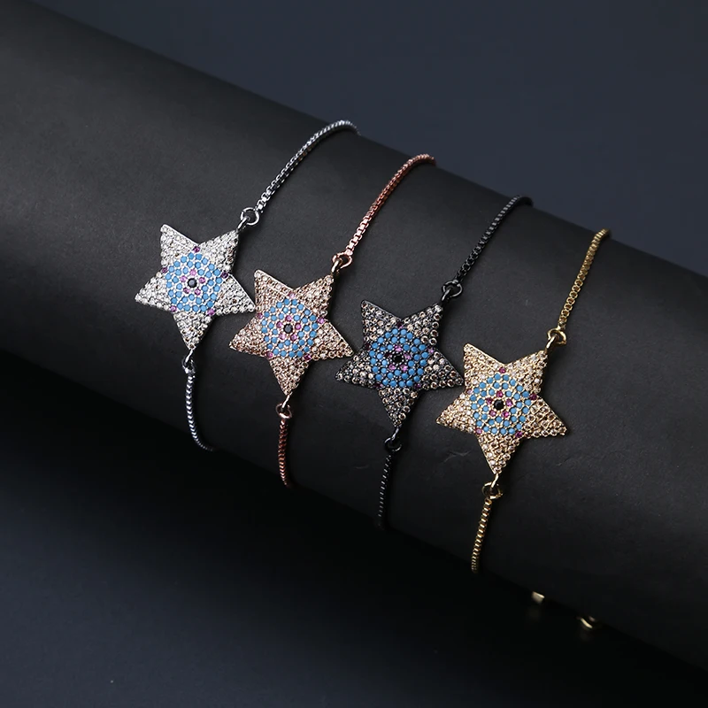 

1pc Micro Pave CZ Star Charm slide copper box chain evil eye Bracelets & bangle for men Connector Friendship Bracelets Gift