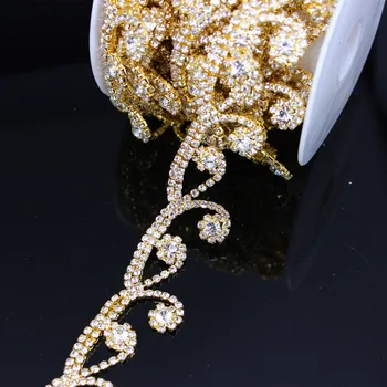 

5 Yard Gold Flower Crystal Chain Trimming Claw Close Cup Chain Trim Garment Applique Wedding Accessory Bridal Belt Jewelry