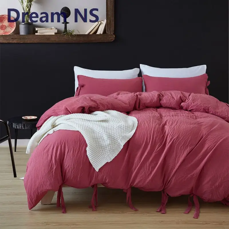 AHSNME, стираное хлопковое постельное белье для девочек, розовый комплект постельного белья, индивидуальный, США, Великобритания, одиночное, двойное постельное белье с ленточным узлом, мягкие комплекты постельного белья