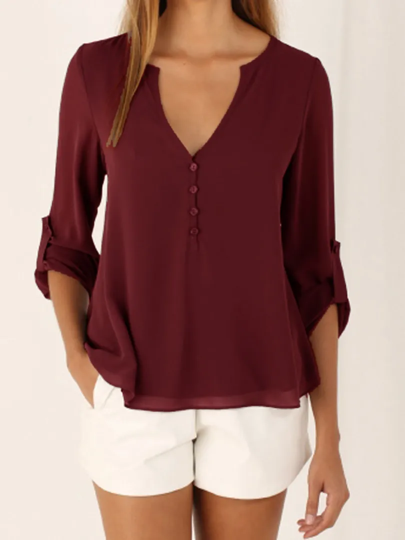 S-5XL Women deep v neck Shirts 2019 Summer button long sleeve ladies tops chiffon shirts solid elegant Top Black casual Blouses