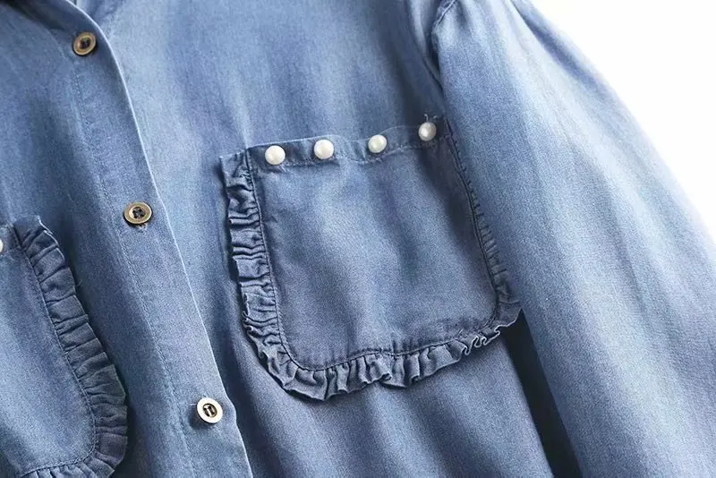 Tencel Джинсовая женская рубашка из искусственного жемчуга с бусинами Мягкая джинсовая длинная рубашка с длинными рукавами светло-голубой Повседневный Свободный Топ уличный сверхразмерный
