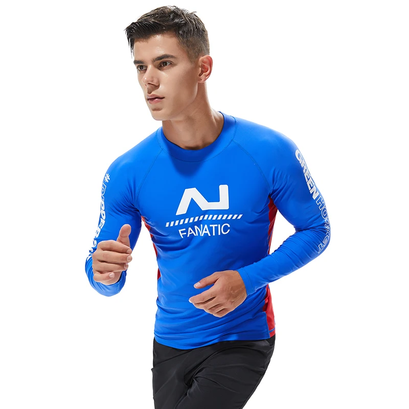 Для мужчин плавание колготки серфинг футболки синий лоскутное Рашгард Rashguard Surf колготки плавание сжатие футболка с длинным рукавом