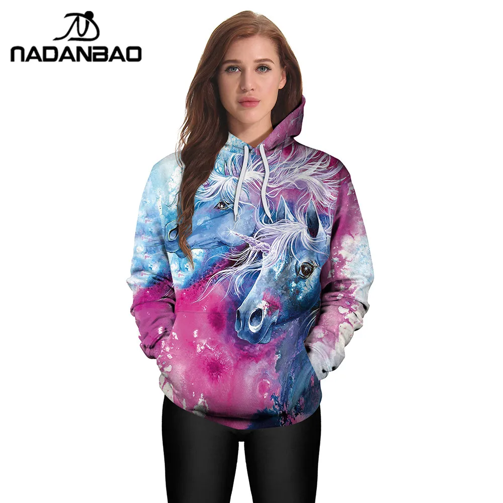 NADANBAO 2019 جديد وصول يونيكورن هوديس 3D المطبوعة الهيب هوب Kawaii Unicornio مقنعين النساء البلوز
