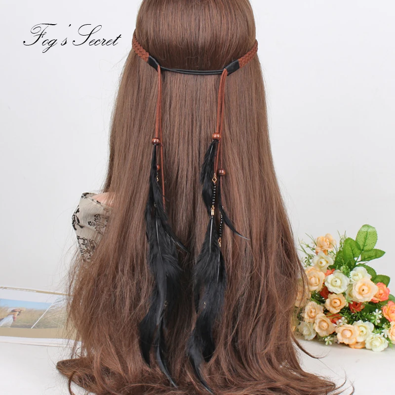 cheap Feather Hairbands For Women Hair accessories Gypsy hippie Double layer Weaving For workout hairbands