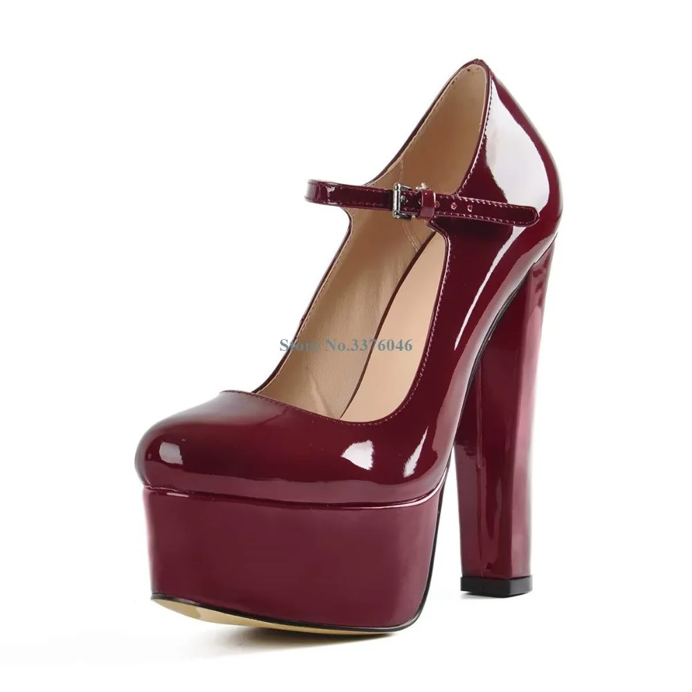 

Cherry Red Patent Leather Thick Heels Women Pumps Platform Buckle Strap Sweet Shoes Spring Autumn Candy Color High Heel Shoes
