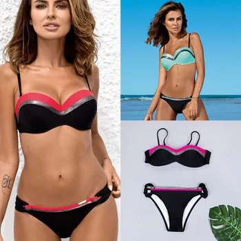 

2019 Sexy Bandeau Bikinis Women Swimsuit Push Up Swimwear Print Patchwork Brazilian Bikini Set Plus Size Bathing Suit S~2XL