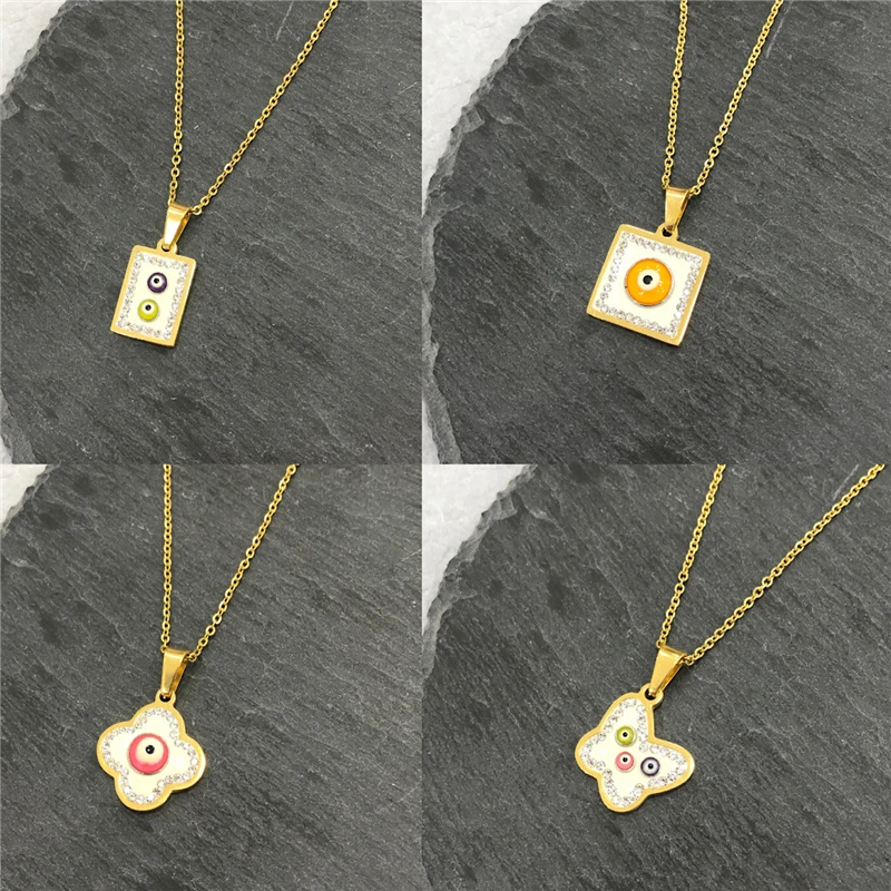 

Stainless Steel Necklace Crystal Zircon Evil Eye Clover Butterfly Necklace Pendant Jewelry Women Turkish Necklace
