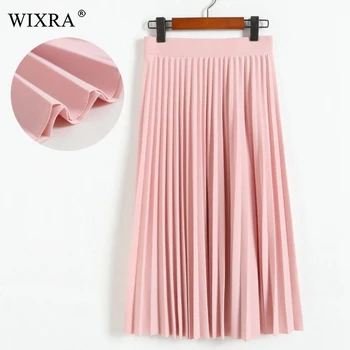 

Wixra 2019 New Spring Summer Women Fashion Pleated Skirts High Waist Elegant Skirt Basic Mid-Calf Skirt