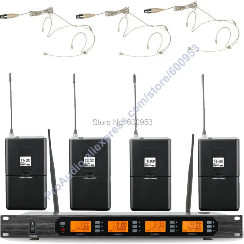 

MICWL Audio M400-4BE UHF 4x100 Channel Digital Wireless Microphone Mic System 4 Pocket with 4 Beige Headset Mic