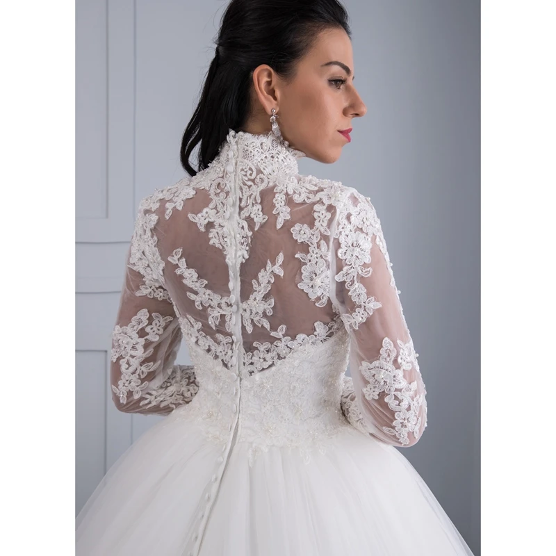 High Neck Iiiusion Back Long Sleeve Lace Ball Wedding Dress