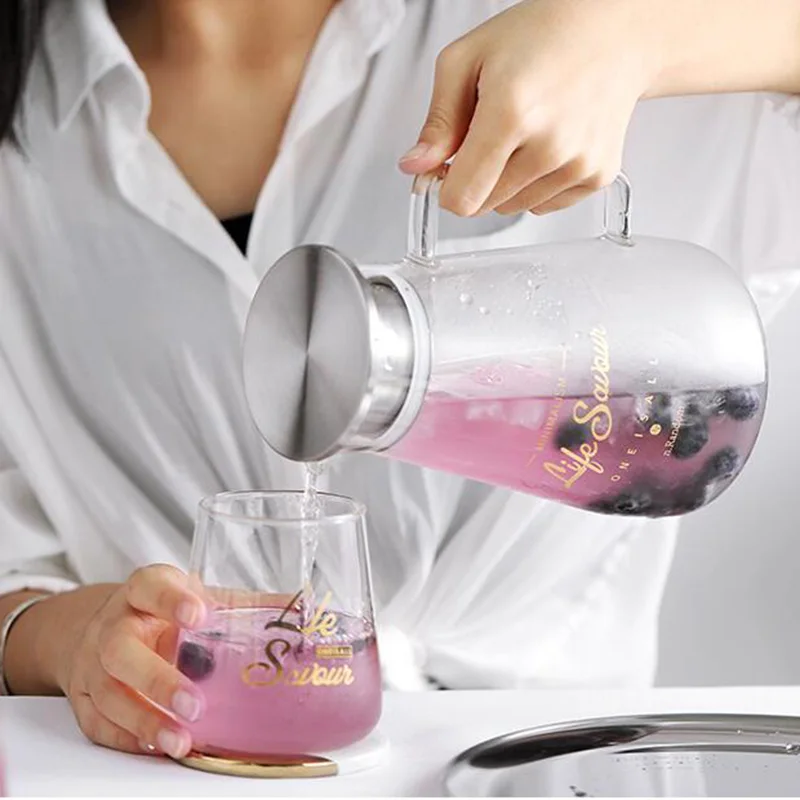 Кувшин из боросиликатного стекла чайник для воды термостойкий контейнер для сока с крышкой из нержавеющей стали фильтр BPA бесплатно 1.5L 1.8L 2L