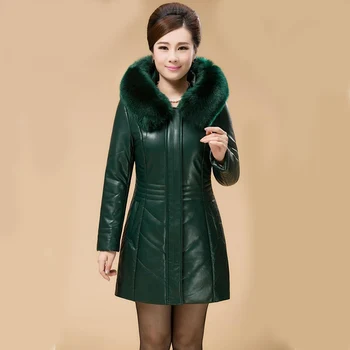 

2019 New genuine sheep leather jacket long slim hooded winter jackets for women down padded thicken leather park women LA0092