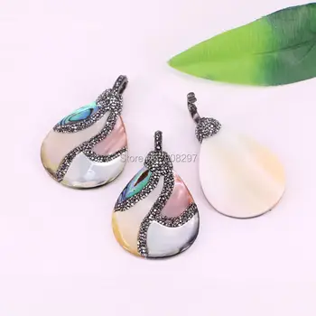

5Pcs Crystal Rhinestone Paved Drop Shaped White Gray Rainbow Abalone Shell Pendant For Women