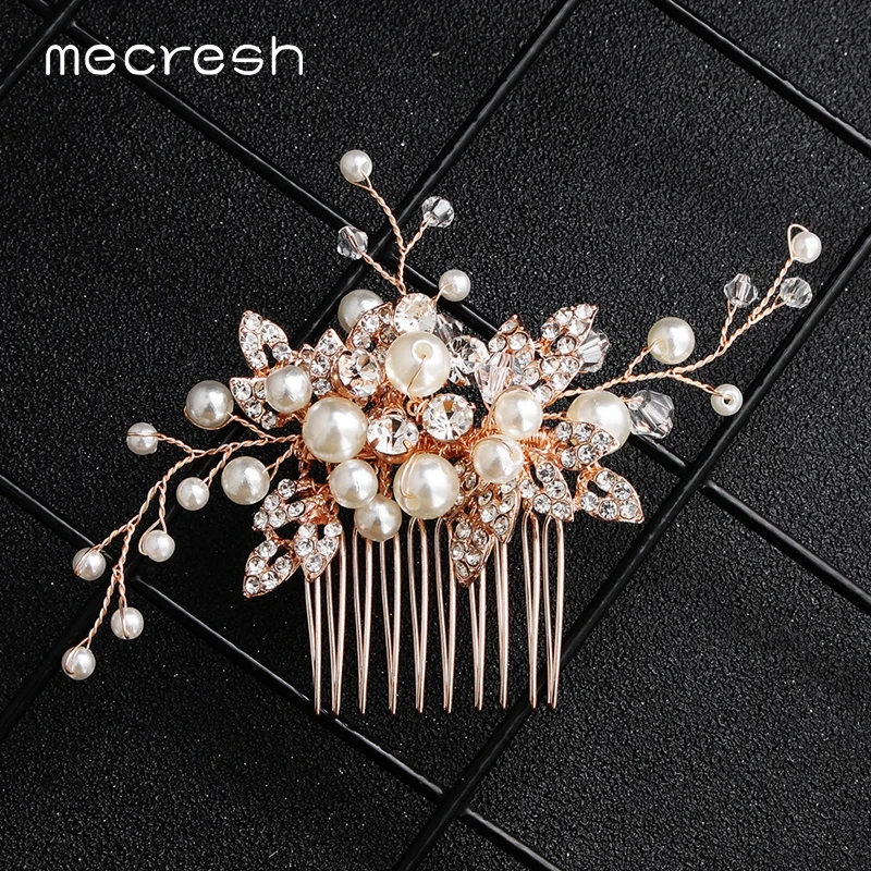 

Mecresh Simulated Pearls Crystal Leaf Wedding Hair Comb Gold Color Rhinestone Headpiece Bridal Hair Ornaments Accessories FS265