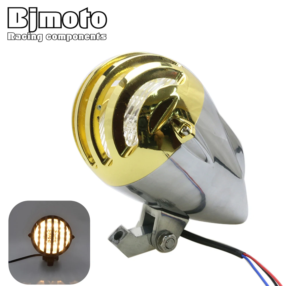 

BJMOTO Chrome H4 Halogen Motorcycle Front Light Grille Old School Vintage Bullet Headlight For Harley Softail Touring Cafe Racer