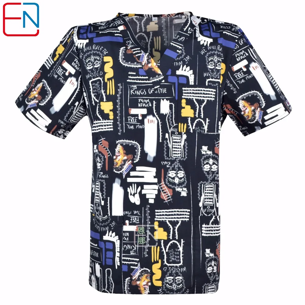 Hennar Men Medical Uniforms V Neck 100 Cotton Print Scrub Top Short