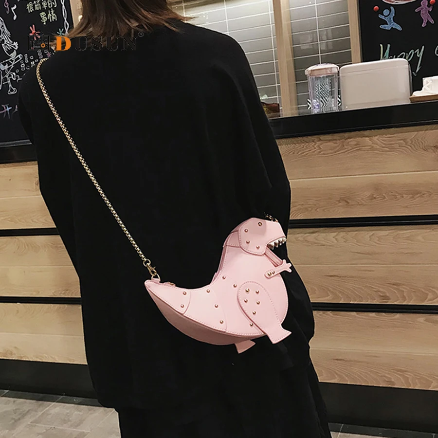 Koop DUSUN Klinknagel Persoonlijkheid Dinosaurus Ontwerp Mode Lederen Crossbody Mini Messenger Bag Vrouwen Keten Portemonnee Vrouwelijke Schoudertas Gift