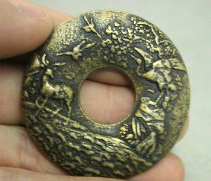 

50mm China Ancient Dynasty Auspicious Bronze Longevous Crane Deer Amulet Pendant
