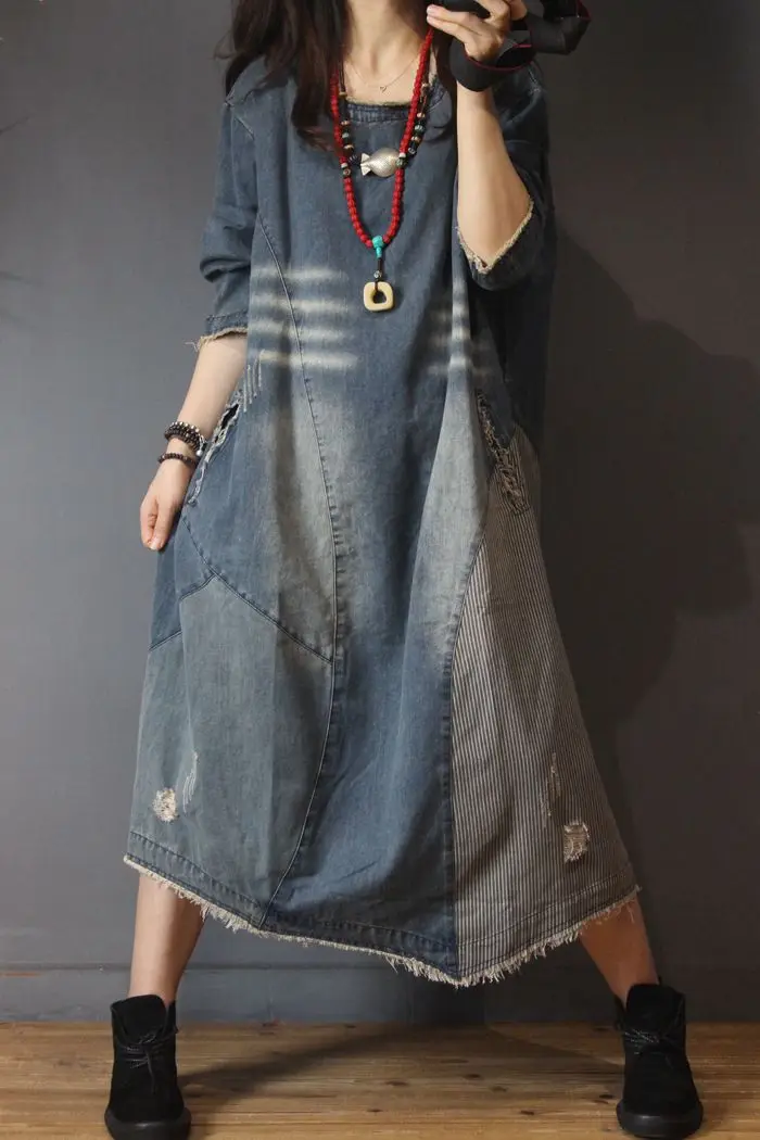 Весенне-осенние женские повседневные универсальные свободные джинсовые платья размера плюс с круглым вырезом в стиле пэчворк
