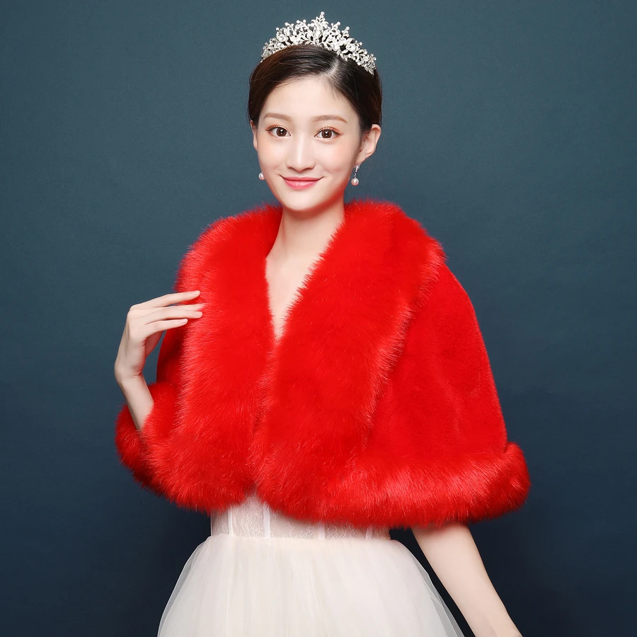 

New Red Color Faux Fur Bridal Wrap Short Wedding Shawl Cape Stole Bolero Throw Shrug Coat Christmas Party Cape