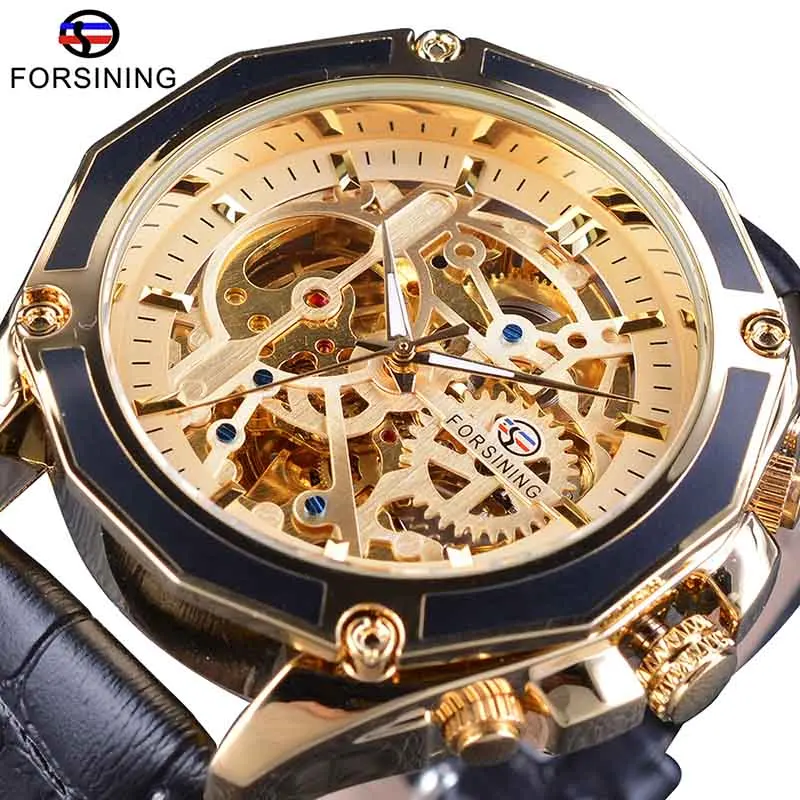 Часы Forsining+ Набор браслетов, комбинированные прозрачные часы с автоматическим заводом, мужские часы, часы-Скелетон, лучший бренд класса люкс - Цвет: Golden