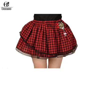 

ROLECOS Sweet Lolita SKirt For Women Red Lattice Skirt With Black Lace Irregular Miniskirt Steampunk Cake SK For Women Gifts