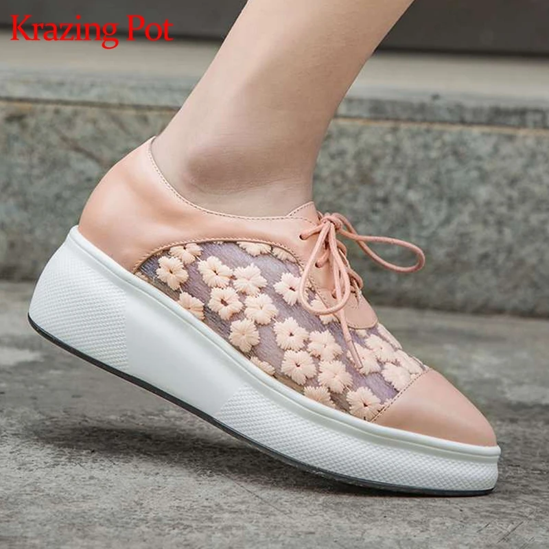 

krazing pot chic design summer embroidery air mesh cow leather breathable lace up modern pointed toe female vulcanized shoes l07