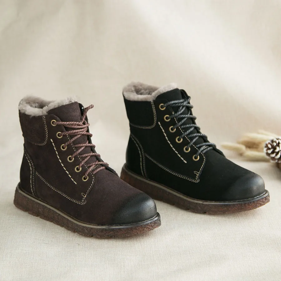 BELISS ankle boots women genuine leather 2018 casual warm fur comfortable lace up flats winter boot for women   (4)