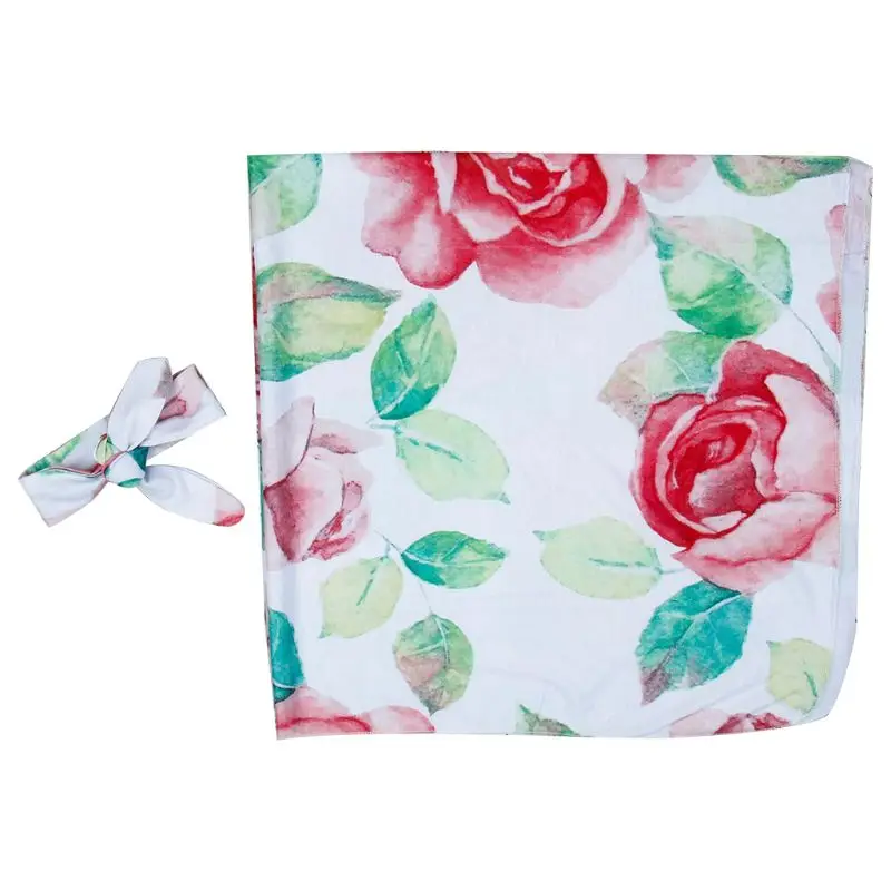

2Pcs/set Baby Kids Wrapped Cloth Hair Band Set Printed Big Red Flowers Newborn Quilt Blanket Photography Props Jewelry Gifts