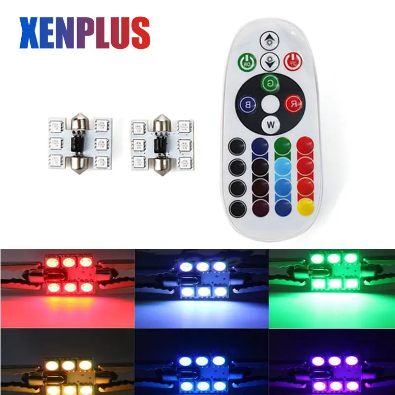 

Xenplus 2pcs LED Car Interior Bulb RGB Festoon 31mm C5W 5050 6SMD DC 12V Remote Control Dome Reading Lamp Pate number light