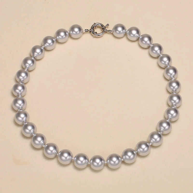 Dropshipping 13-14 mm Mother of Pearl Round Silver Pearl Necklace, Shell Pearl Necklace, Birthday Gift For Women