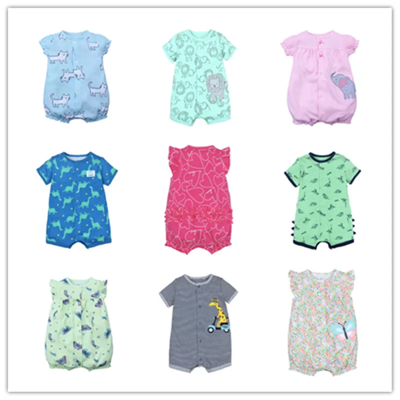 

2019 Newborn Baby Girls Rompers Short Sleeved Infant bodysuits pink elephant cats lovely colorful summer cotton kids clothes