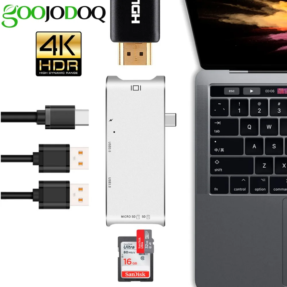 GOOJODOQ USB C концентратор Тип hdmi адаптер 4 К док станция Dongle SD слот Micro кардридер PD для