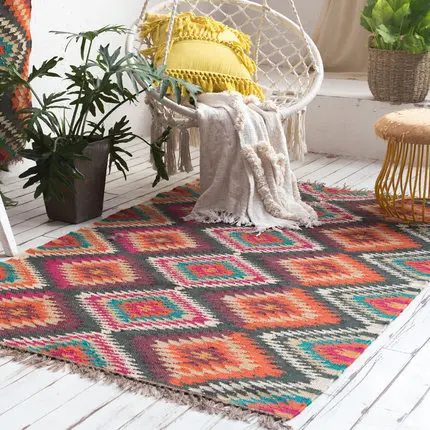

India kilim hand-woven jute and wool floor mat for living room bedroom Carpet geometric Modern Mat design BohemiaNordic style