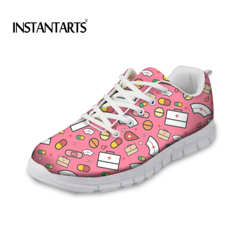 

INSTANTARTS Cute Cartoon Nurse Printed Flat Shoes Women Casual Sneakers for Teenager Students Comfort Light Female Walking Shoes