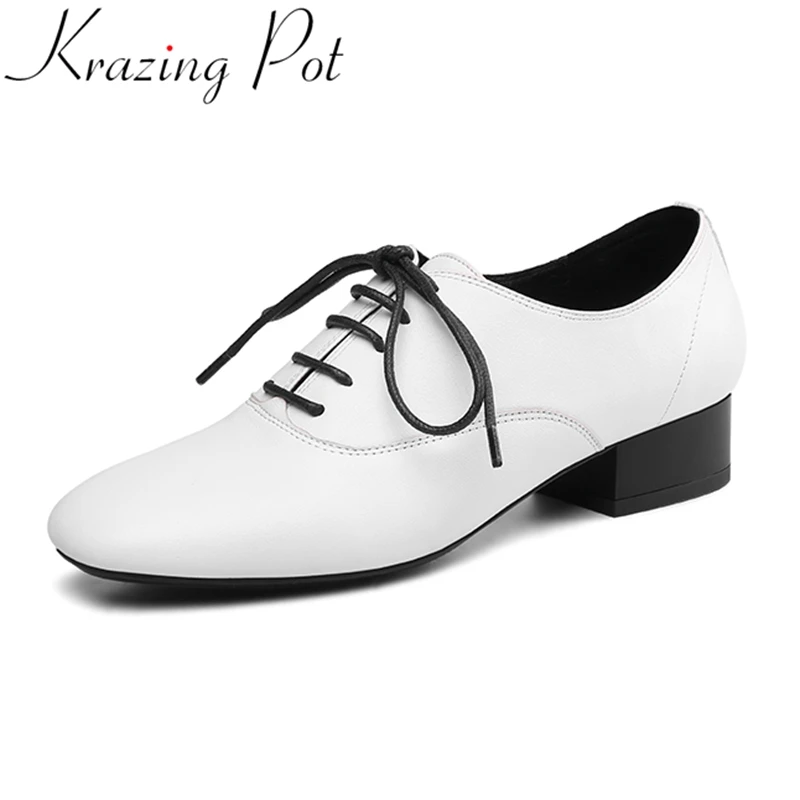 

2019 superstar cow leather solid lace up thick heel women pumps mature square toe brand concise casual Oxford spring shoes L06