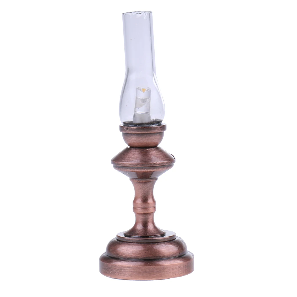 Винтажная 1/12 миниатюрная бронзовая металлическая настольная лампа для кукольного домика, освещение любых комнат, мебельные аксессуары