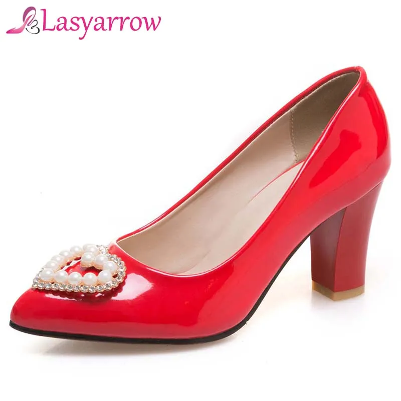Lasyarrow Women's Pointed Toe Pumps Thick High Heels Concise Slip On Summer Shoes Woman Dress Large Size 31-47 Black Red | Обувь