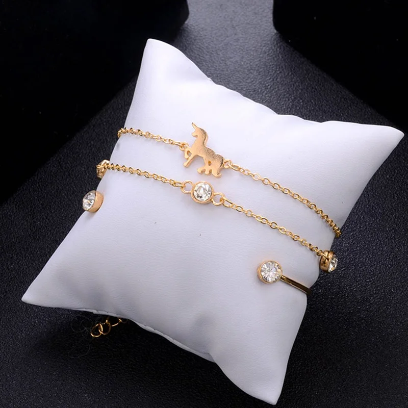 

New Fashion Accessories Simple Alloy Crystal Multi-layer Unicorn 3 Pieces Set Open Bracelets For Women Party Jewelry Bangle Gift