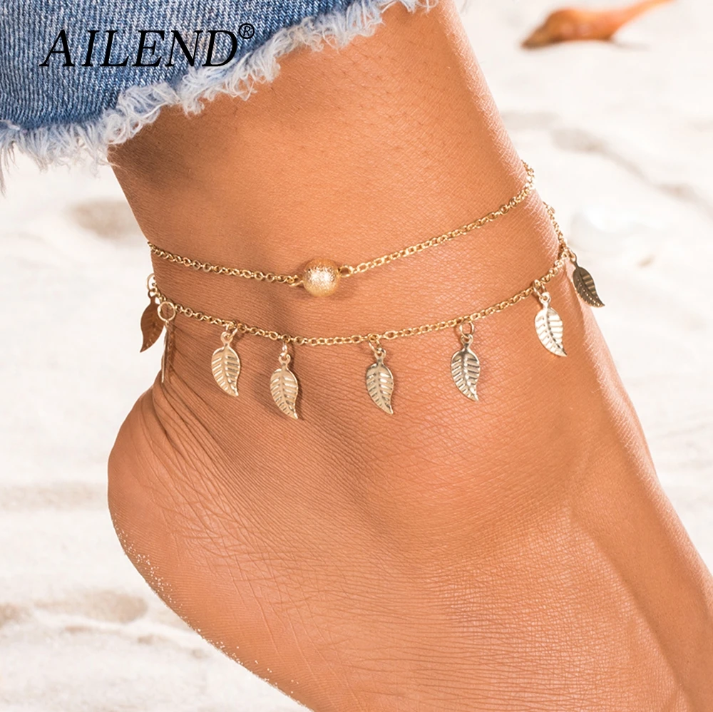 AILEND New Double Leaf Pendant Anklet Jewelry Bohemian Handmade Bead Anklet Jewelry Summer Beach